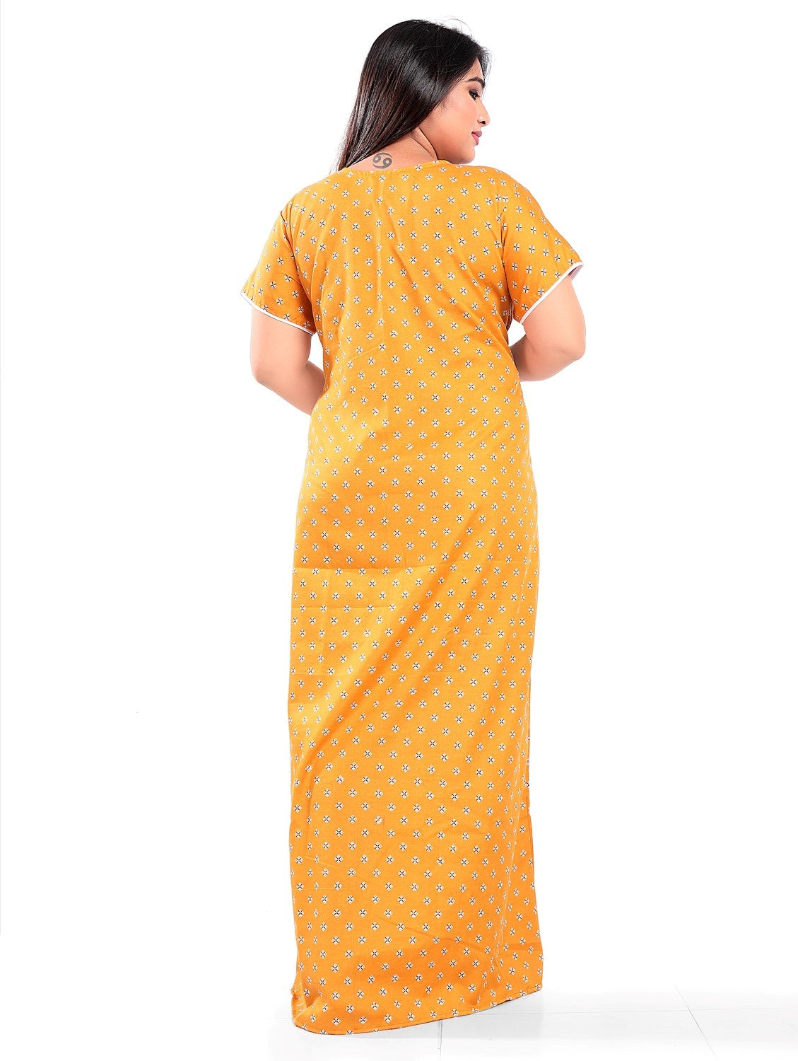 Fabme Women's Yellow Printed Cotton Full Length EveryDay Night Dress Nighty
