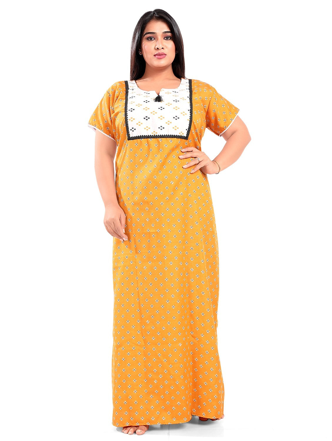 Fabme Women's Yellow Printed Cotton Full Length EveryDay Night Dress Nighty