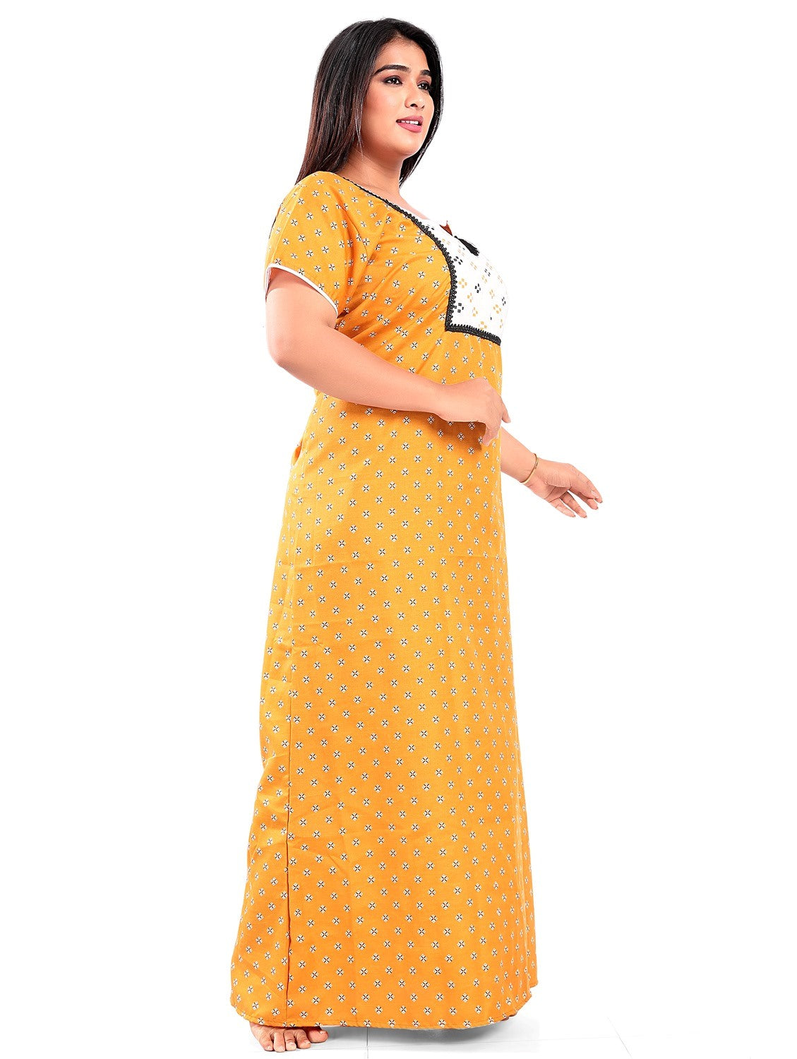 Fabme Women's Yellow Printed Cotton Full Length EveryDay Night Dress Nighty