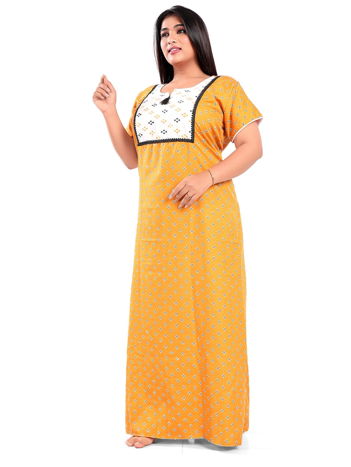 Fabme Women's Yellow Printed Cotton Full Length EveryDay Night Dress Nighty