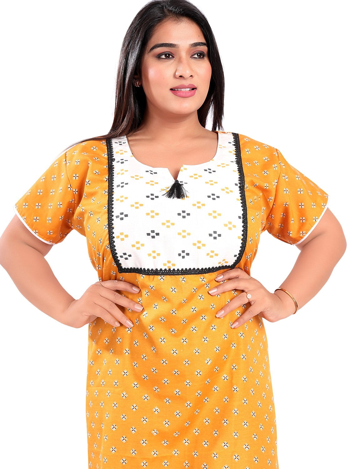 Fabme Women's Yellow Printed Cotton Full Length EveryDay Night Dress Nighty