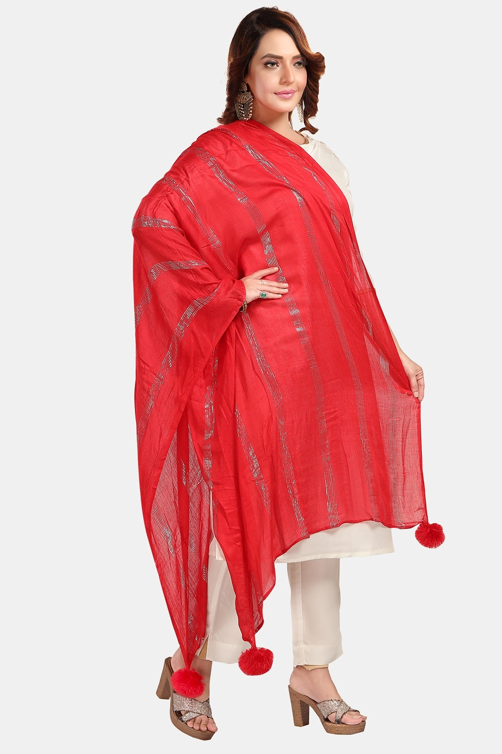 Fabme Women's Full Size, Soft Rayon, Striped, Large Balls Embellish, Dupatta