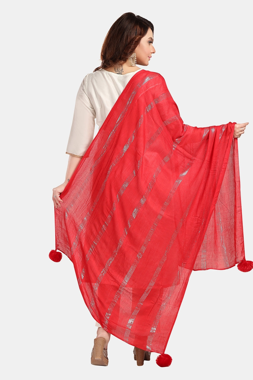 Fabme Women's Full Size, Soft Rayon, Striped, Large Balls Embellish, Dupatta