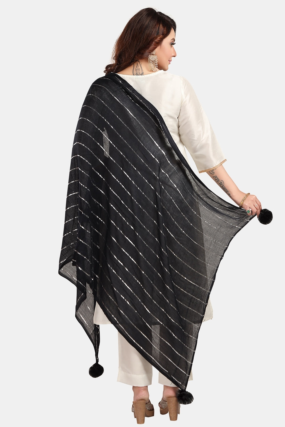 Fabme Women's Full Size, Soft Rayon, Striped, Large Balls Embellish, Dupatta