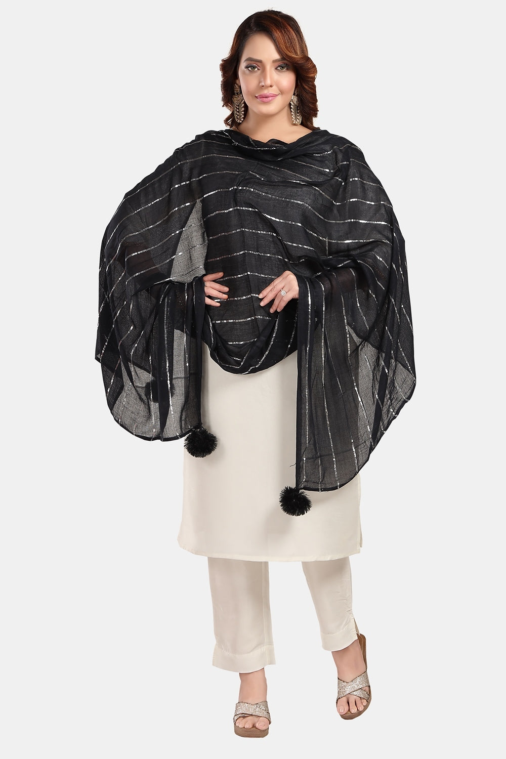Fabme Women's Full Size, Soft Rayon, Striped, Large Balls Embellish, Dupatta
