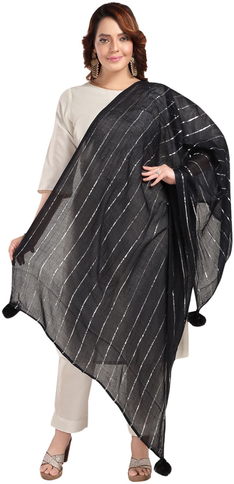 Fabme Women's Full Size, Soft Rayon, Striped, Large Balls Embellish, Dupatta