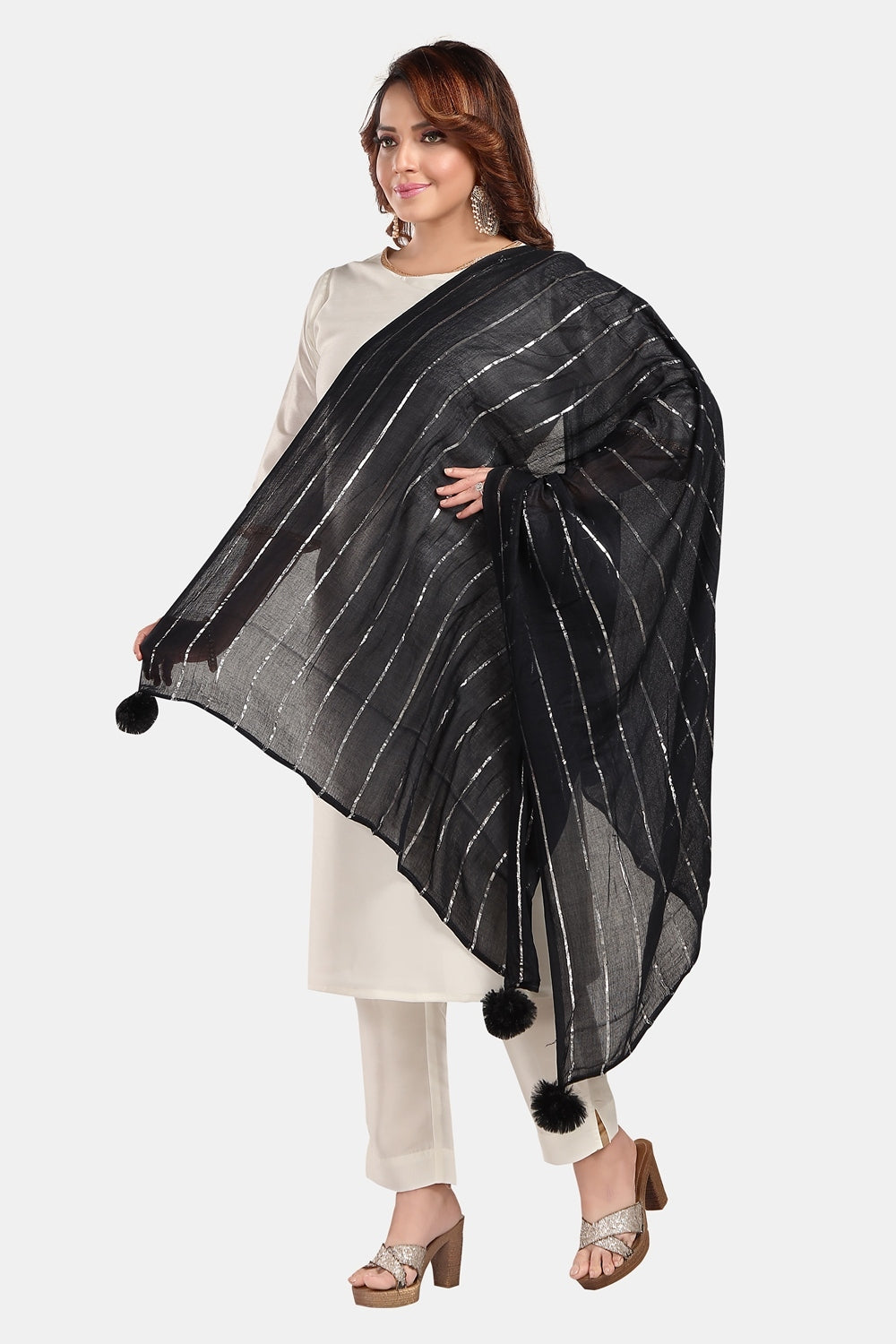 Fabme Women's Full Size, Soft Rayon, Striped, Large Balls Embellish, Dupatta
