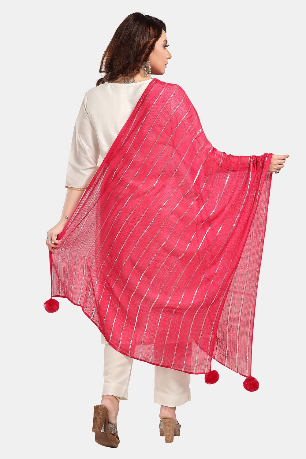 Fabme Women's Full Size, Soft Rayon, Striped, Large Balls Embellish, Dupatta
