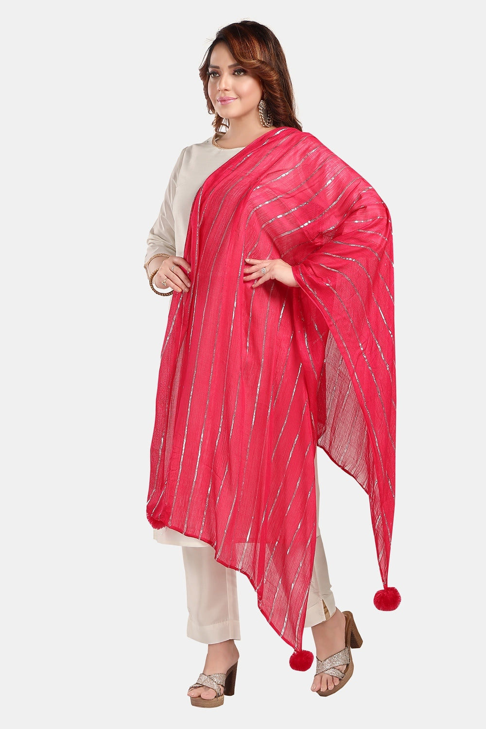 Fabme Women's Full Size, Soft Rayon, Striped, Large Balls Embellish, Dupatta
