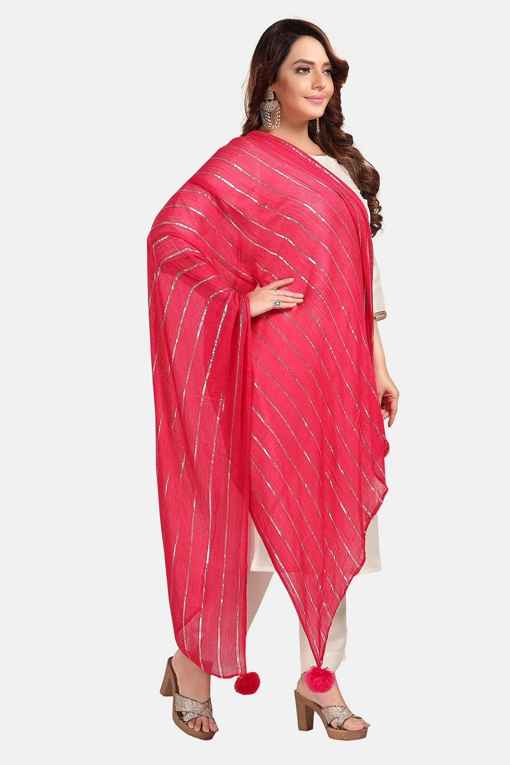 Fabme Women's Full Size, Soft Rayon, Striped, Large Balls Embellish, Dupatta