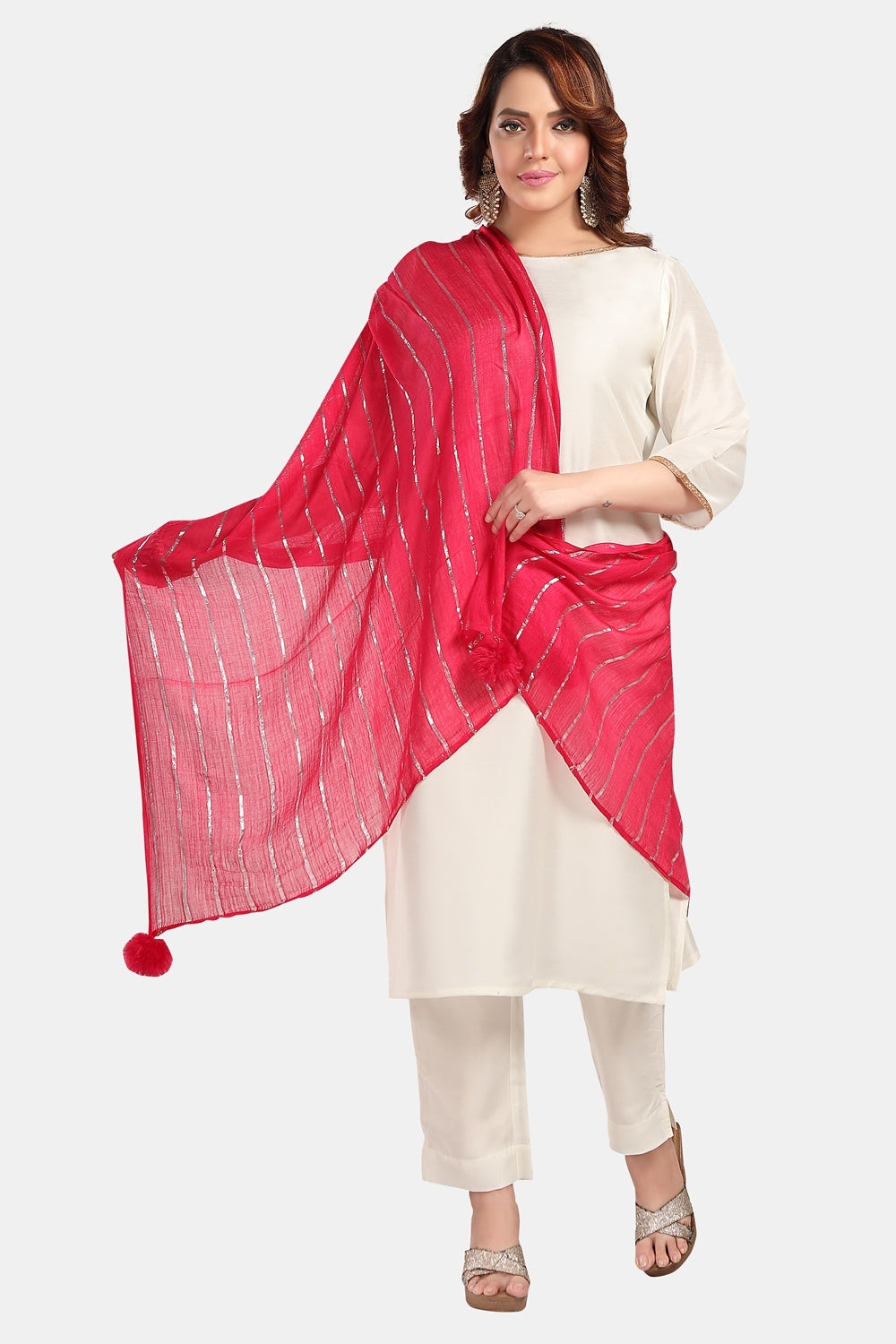 Fabme Women's Full Size, Soft Rayon, Striped, Large Balls Embellish, Dupatta