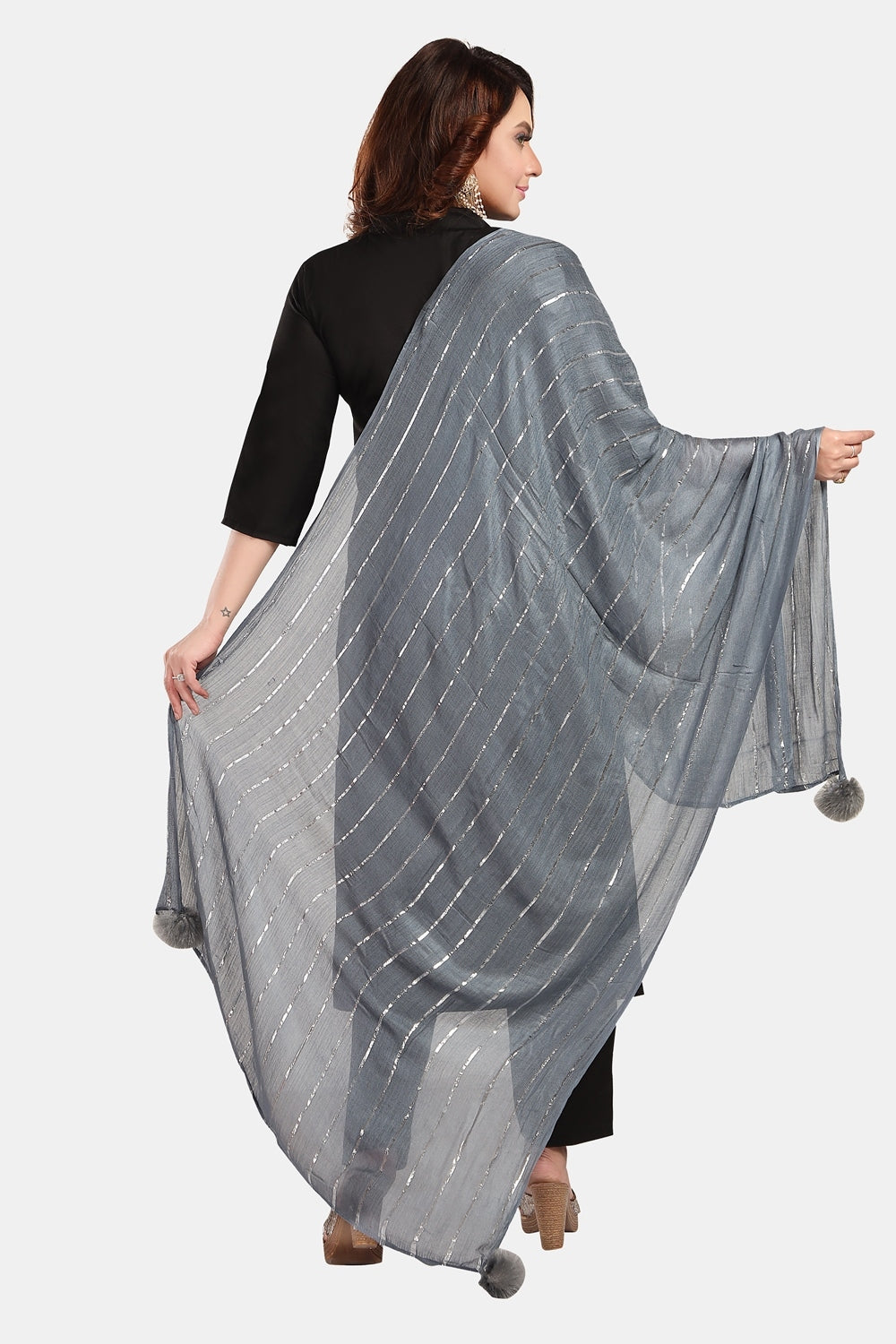 Fabme Women's Full Size, Soft Rayon, Striped, Large Balls Embellish, Dupatta