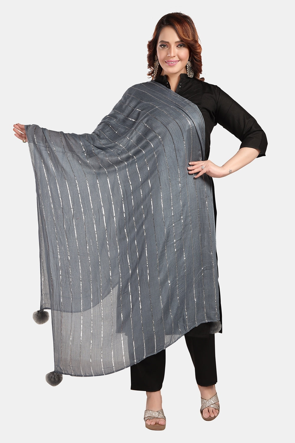 Fabme Women's Full Size, Soft Rayon, Striped, Large Balls Embellish, Dupatta