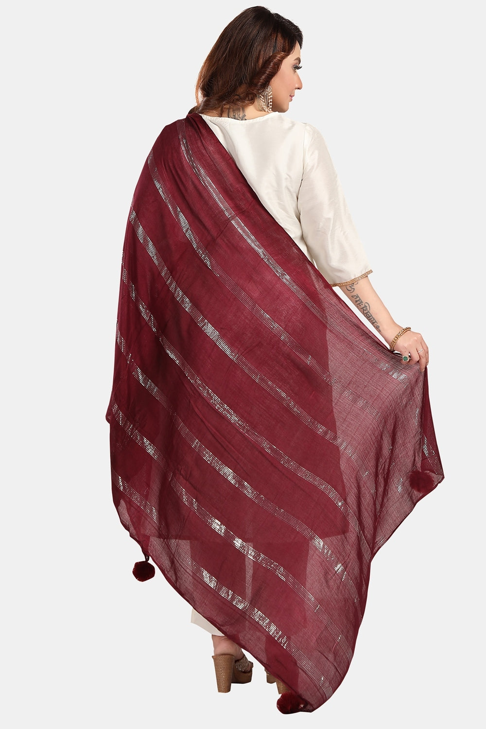 Fabme Women's Full Size, Soft Rayon, Striped, Large Balls Embellish, Dupatta