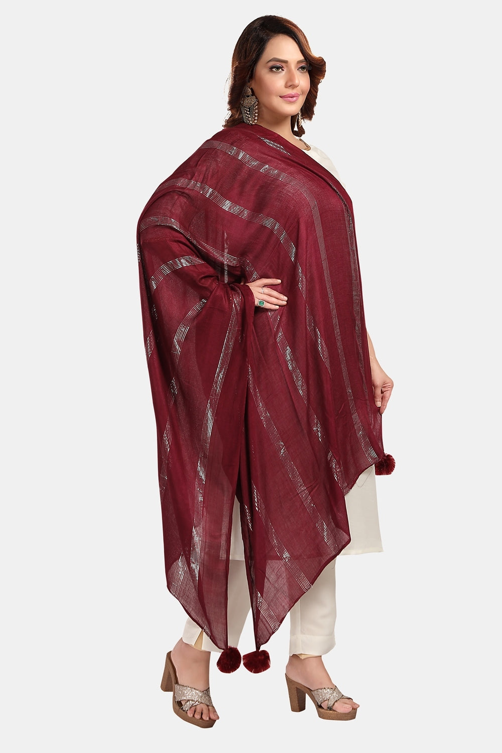 Fabme Women's Full Size, Soft Rayon, Striped, Large Balls Embellish, Dupatta