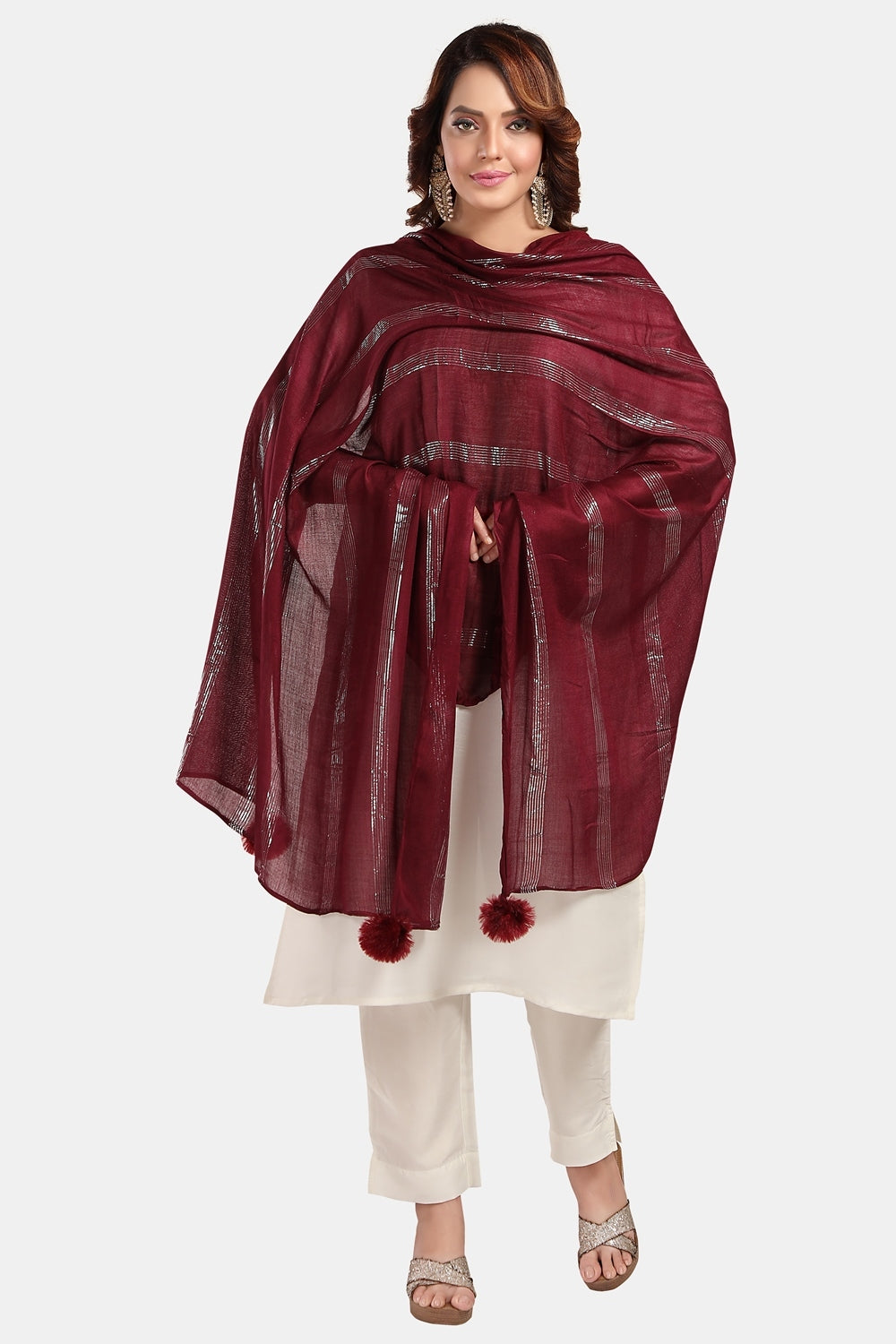 Fabme Women's Full Size, Soft Rayon, Striped, Large Balls Embellish, Dupatta