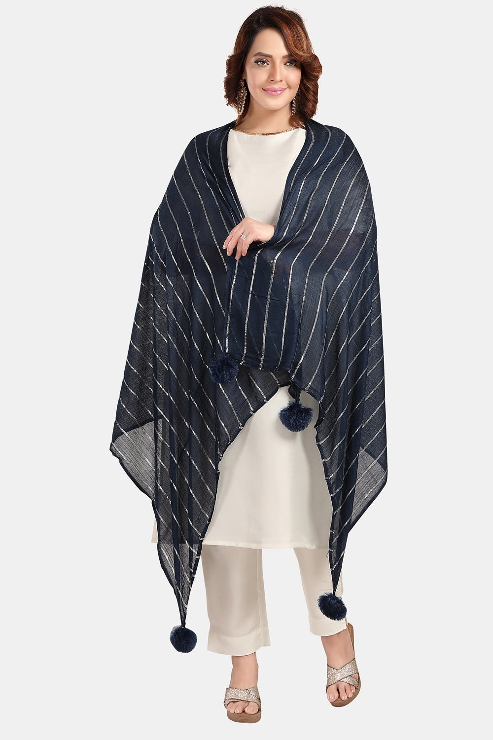 Fabme Women's Full Size, Soft Rayon, Striped, Large Balls Embellish, Dupatta