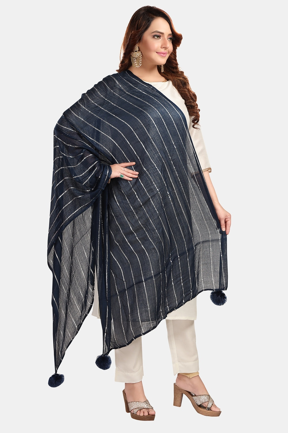 Fabme Women's Full Size, Soft Rayon, Striped, Large Balls Embellish, Dupatta