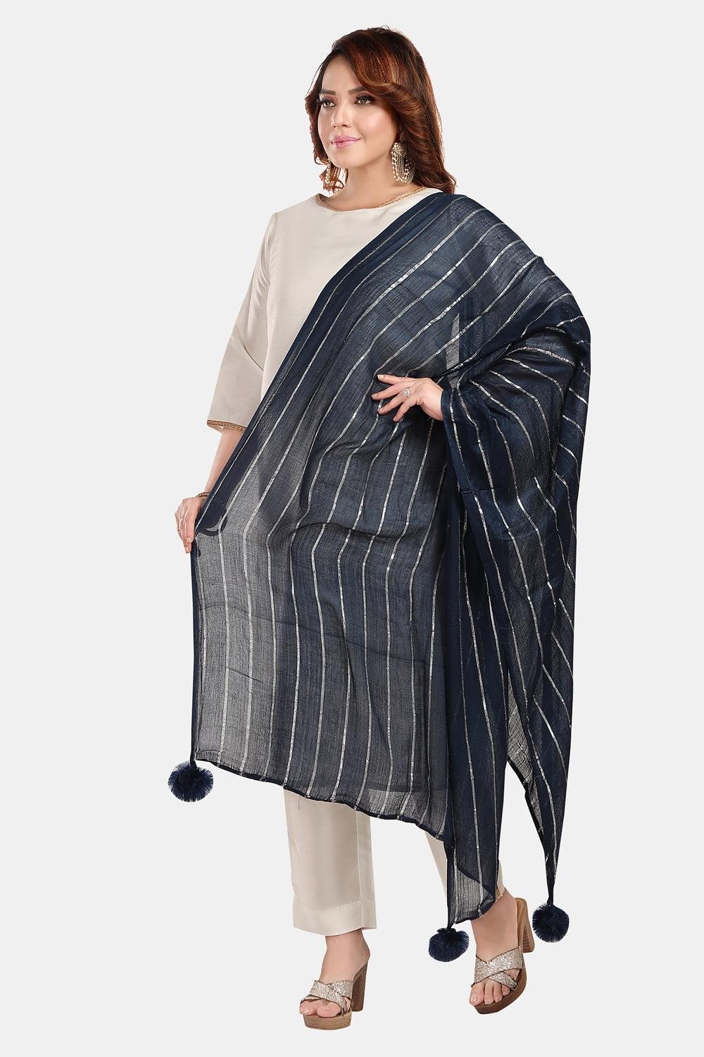 Fabme Women's Full Size, Soft Rayon, Striped, Large Balls Embellish, Dupatta