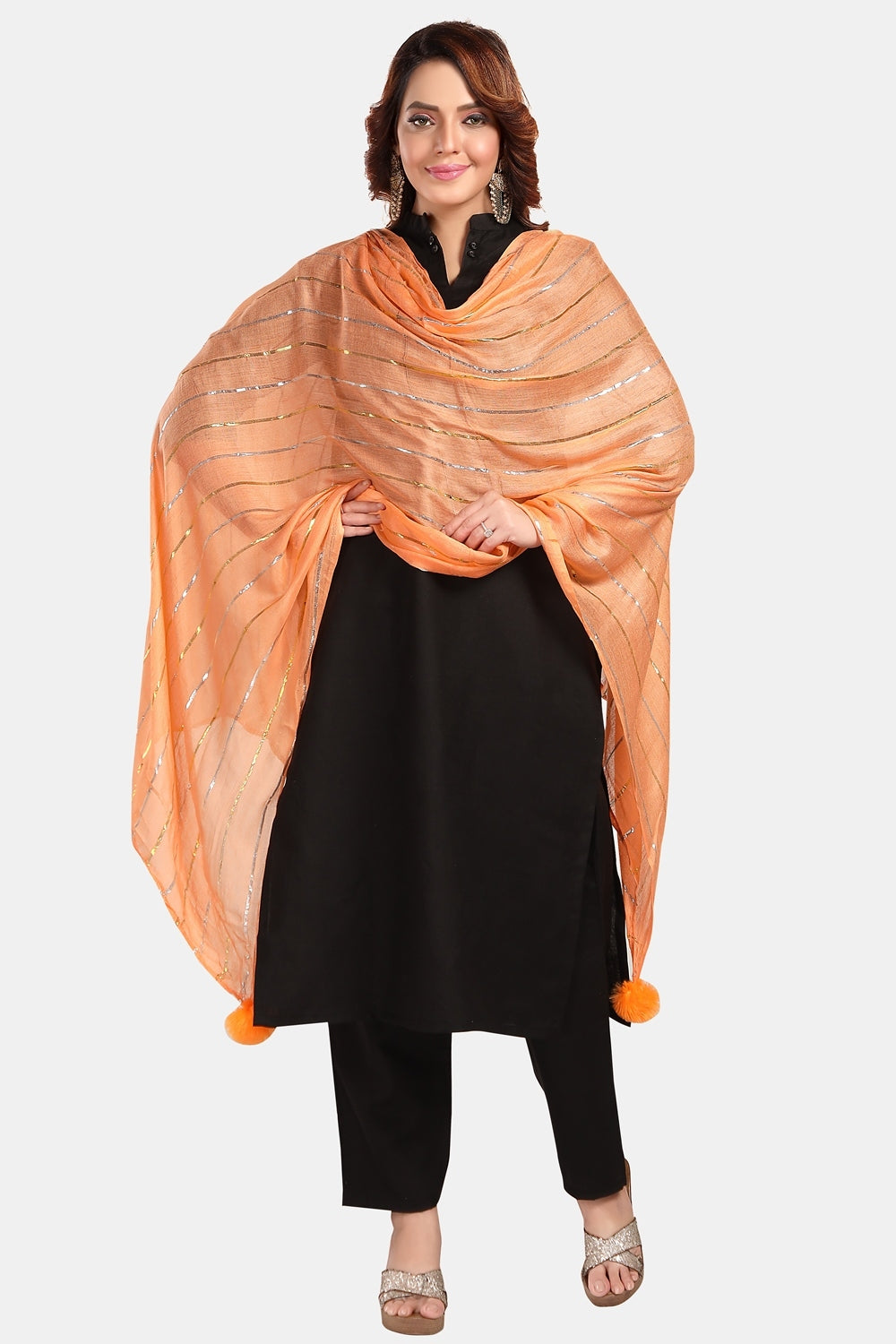 Fabme Women's Full Size, Soft Rayon, Striped, Large Balls Embellish, Dupatta