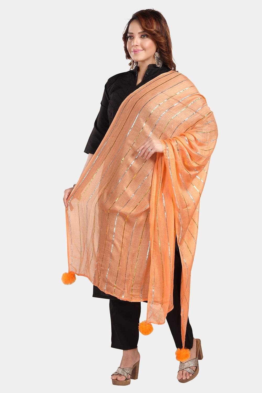 Fabme Women's Full Size, Soft Rayon, Striped, Large Balls Embellish, Dupatta