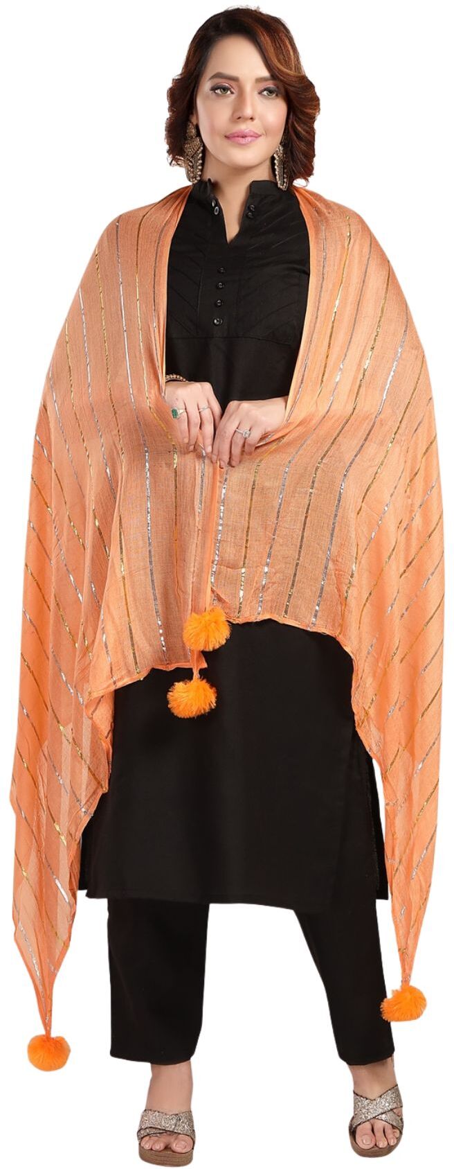 Fabme Women's Full Size, Soft Rayon, Striped, Large Balls Embellish, Dupatta