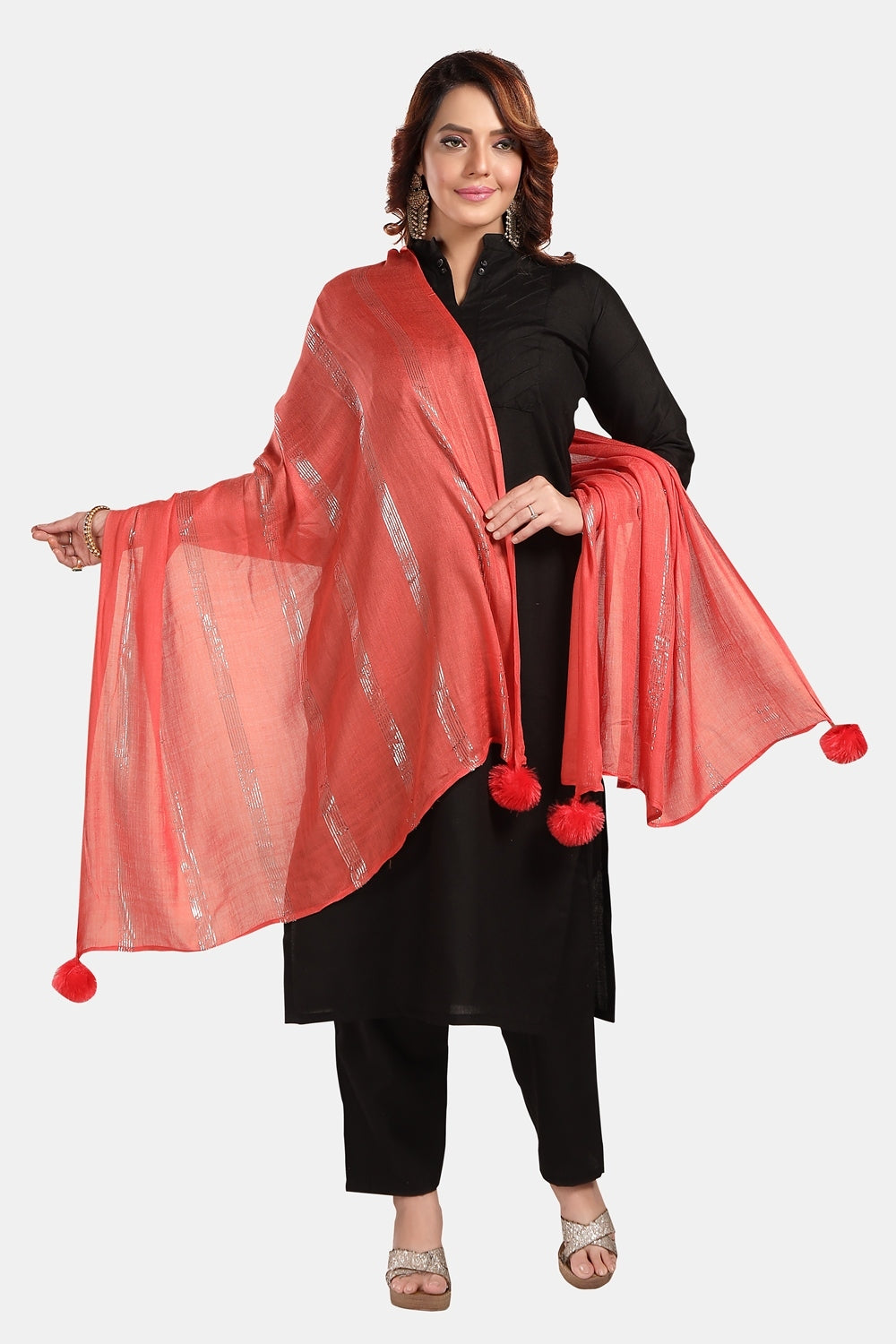 Fabme Women's Full Size, Soft Rayon, Striped, Large Balls Embellish, Dupatta
