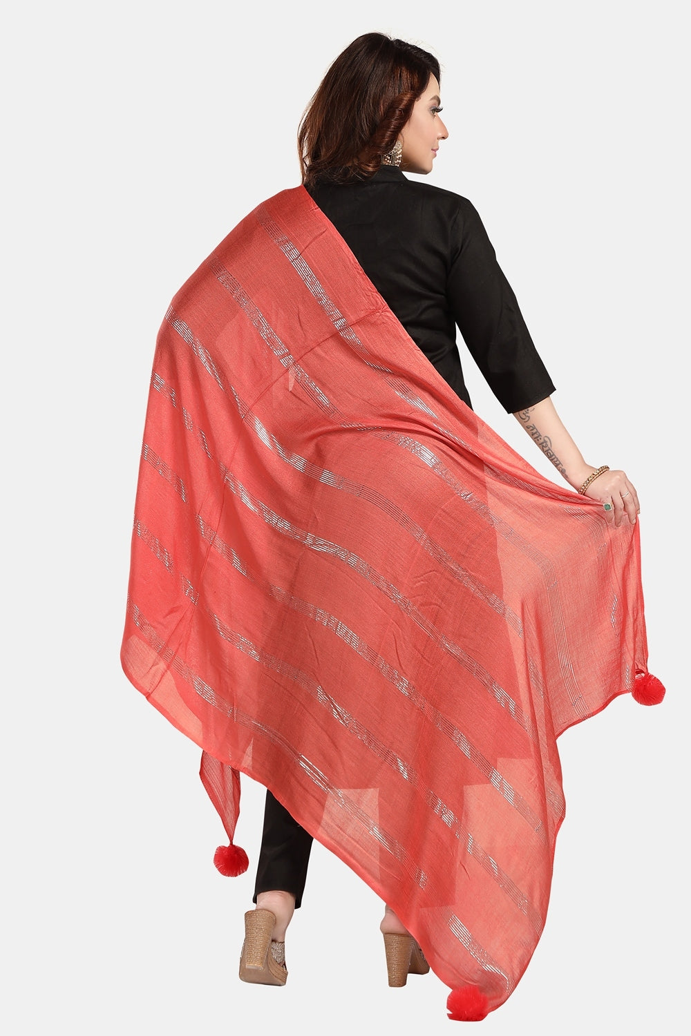 Fabme Women's Full Size, Soft Rayon, Striped, Large Balls Embellish, Dupatta