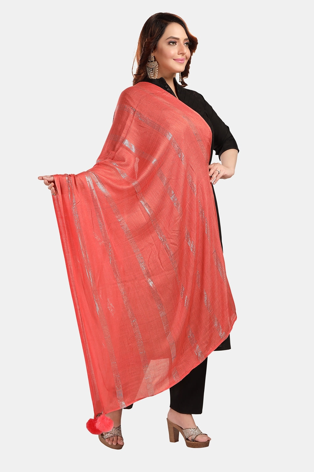 Fabme Women's Full Size, Soft Rayon, Striped, Large Balls Embellish, Dupatta