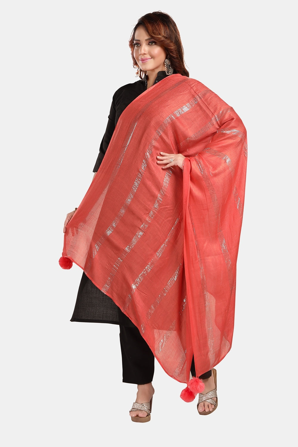 Fabme Women's Full Size, Soft Rayon, Striped, Large Balls Embellish, Dupatta