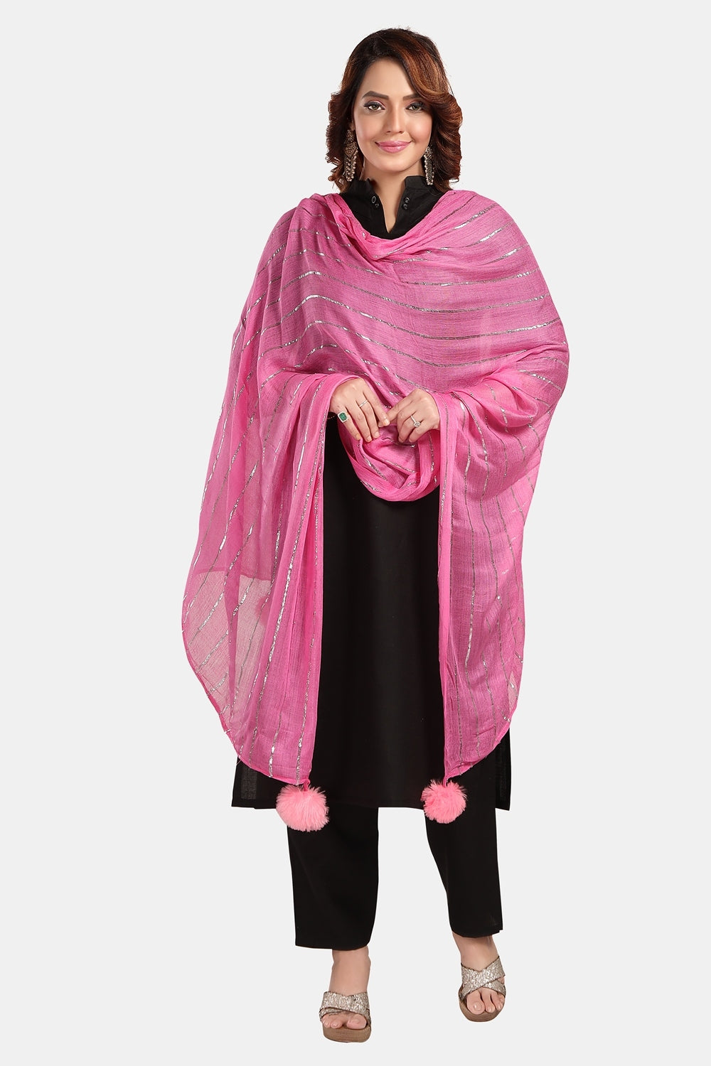 Fabme Women's Full Size, Soft Rayon, Striped, Large Balls Embellish, Dupatta