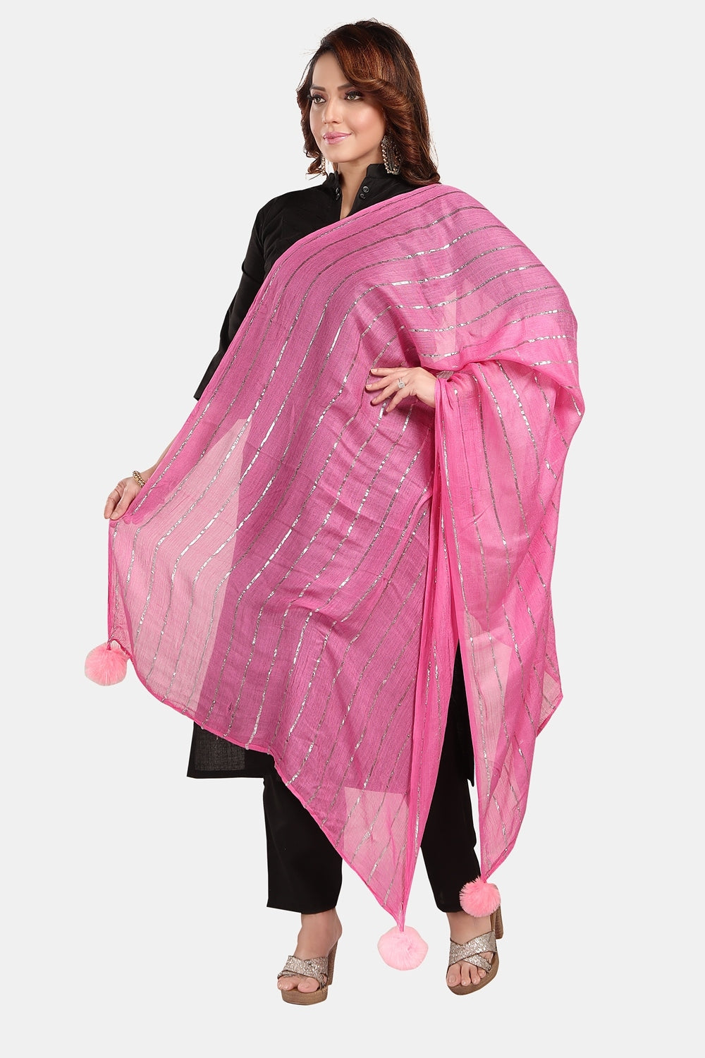 Fabme Women's Full Size, Soft Rayon, Striped, Large Balls Embellish, Dupatta