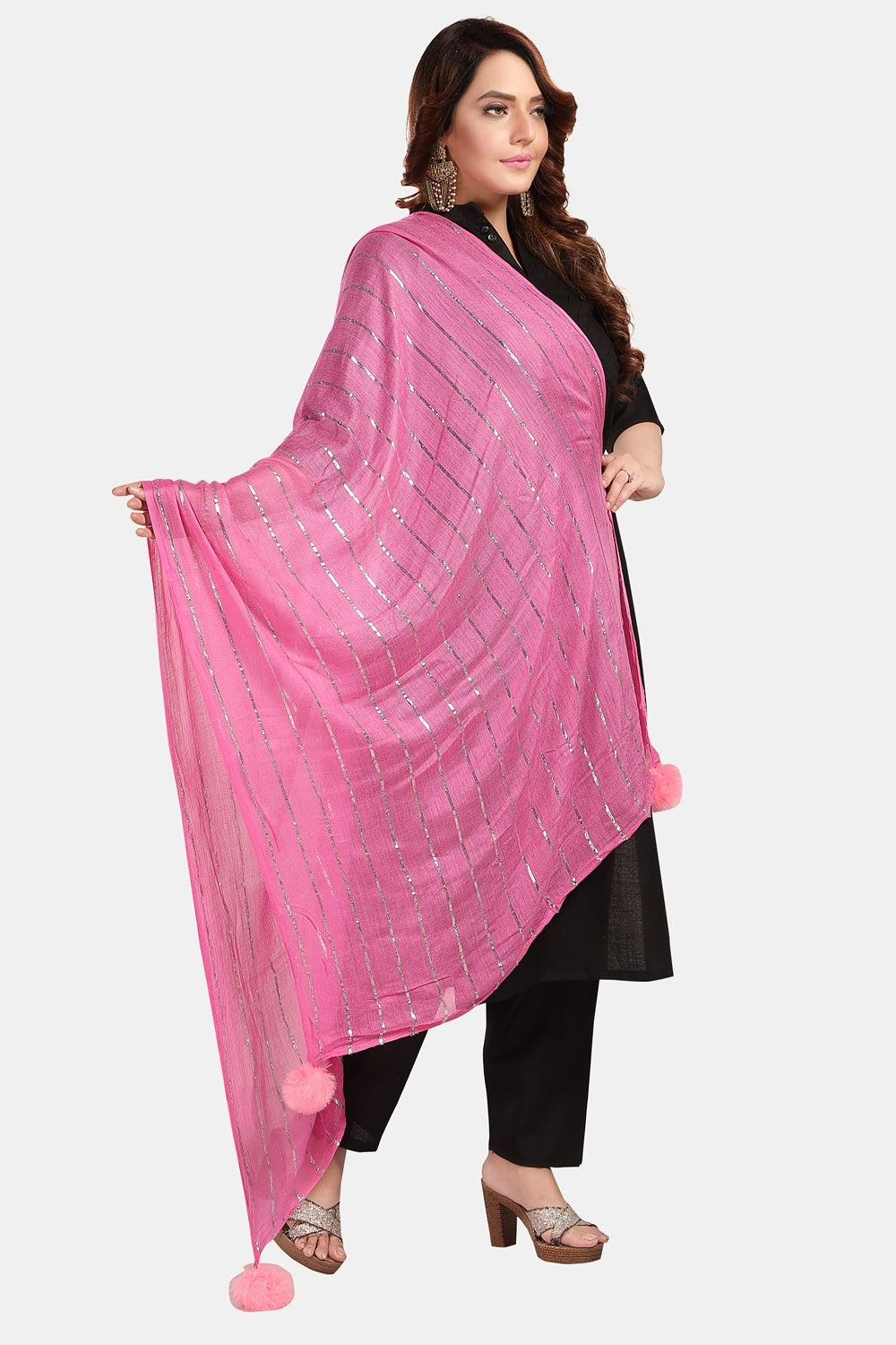 Fabme Women's Full Size, Soft Rayon, Striped, Large Balls Embellish, Dupatta