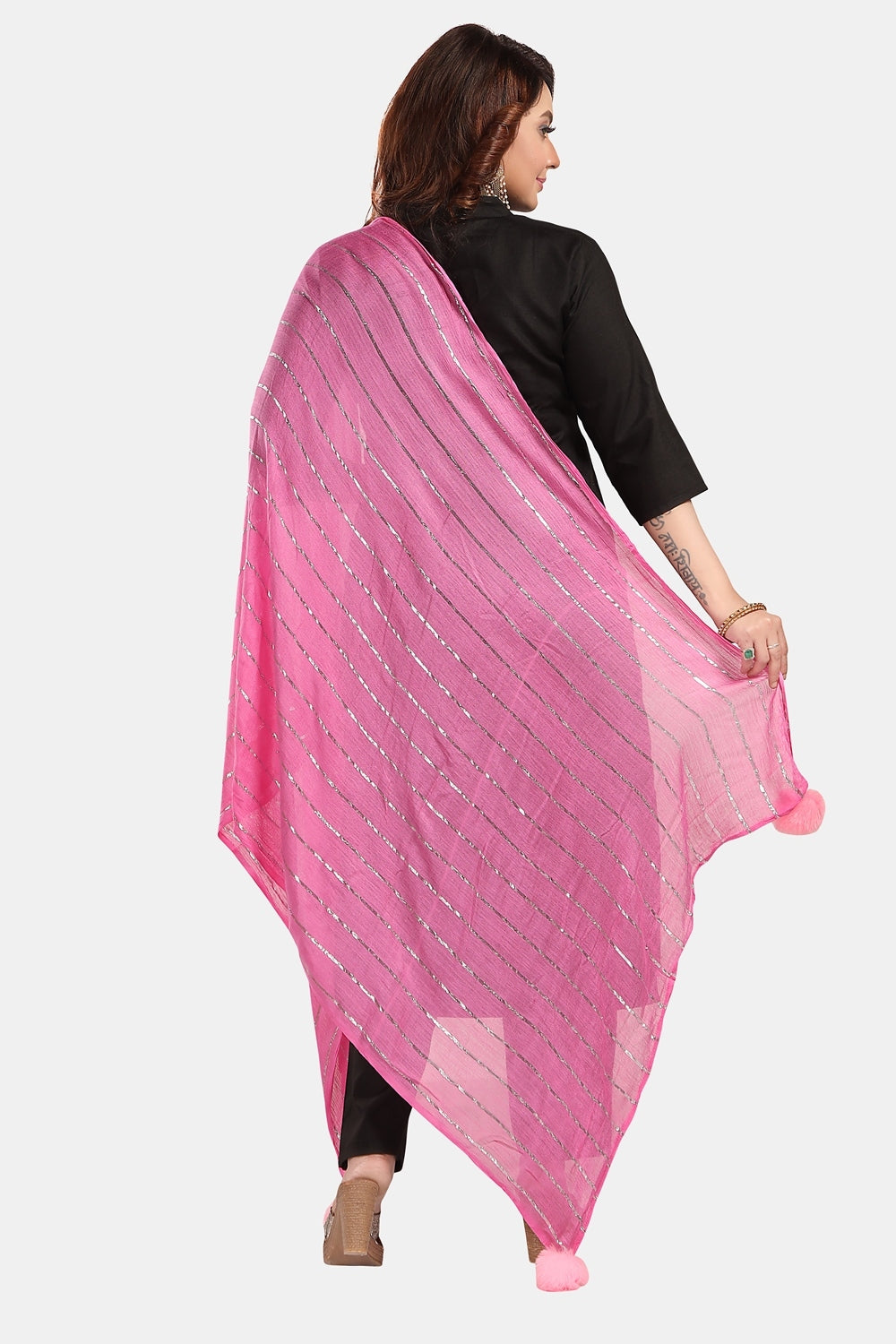 Fabme Women's Full Size, Soft Rayon, Striped, Large Balls Embellish, Dupatta