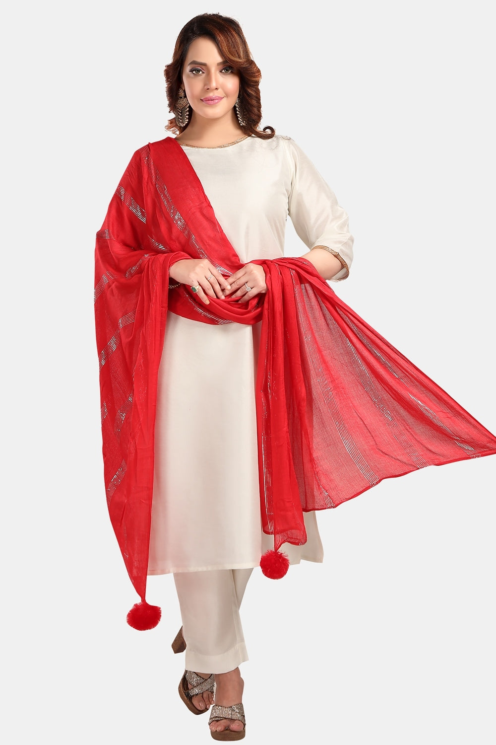 Fabme Women's Full Size, Soft Rayon, Striped, Large Balls Embellish, Dupatta