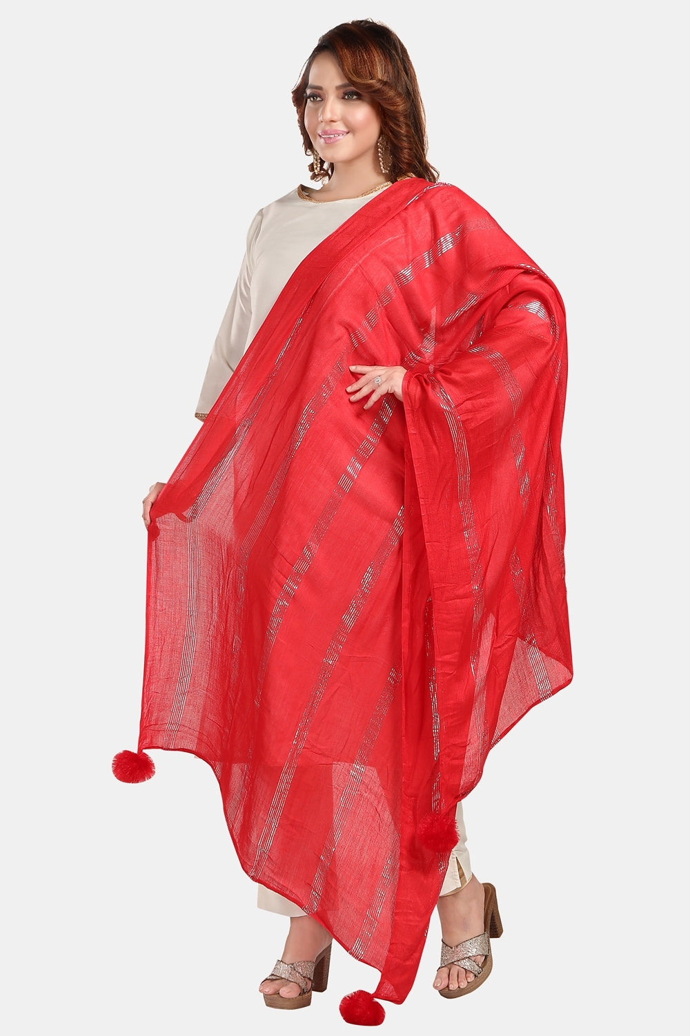 Fabme Women's Full Size, Soft Rayon, Striped, Large Balls Embellish, Dupatta