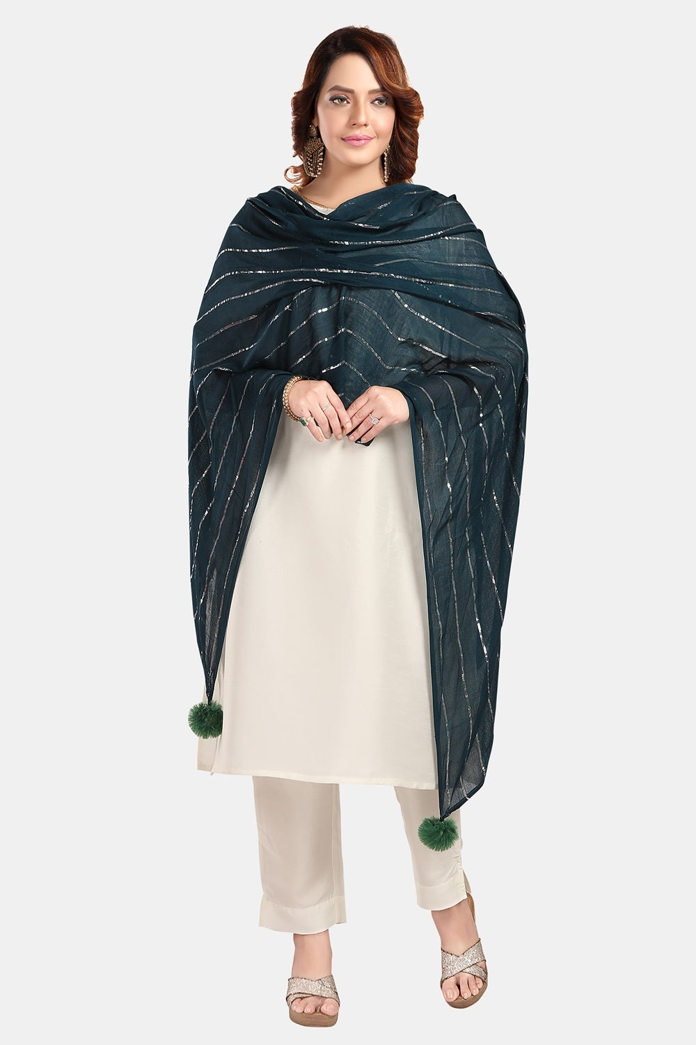 Fabme Women's Full Size, Soft Rayon, Striped, Large Balls Embellish, Dupatta