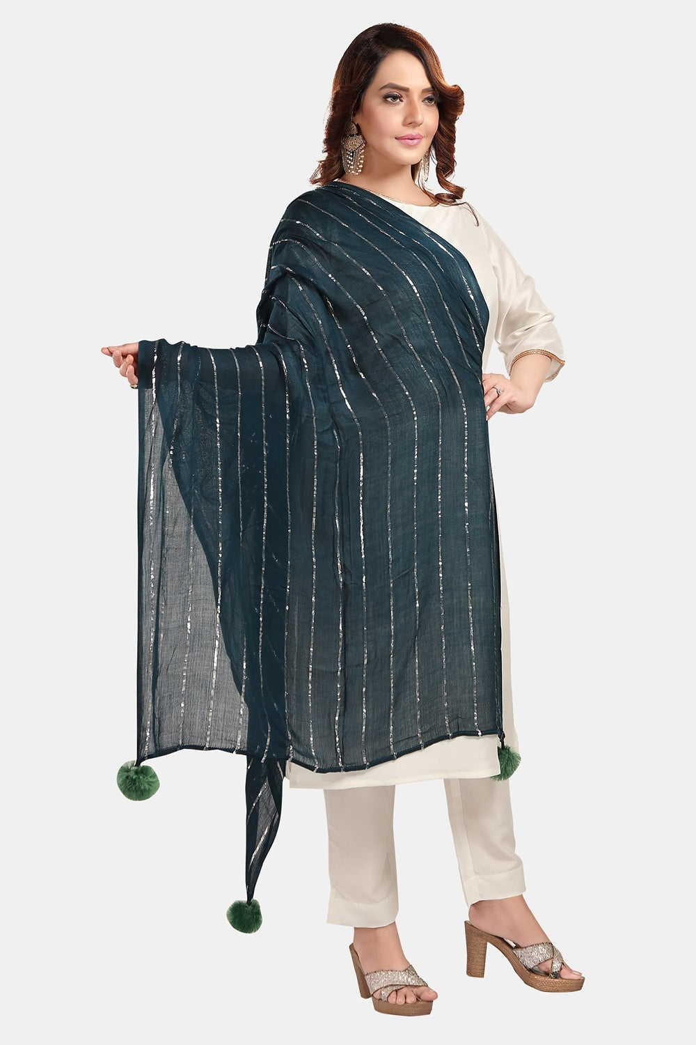 Fabme Women's Full Size, Soft Rayon, Striped, Large Balls Embellish, Dupatta