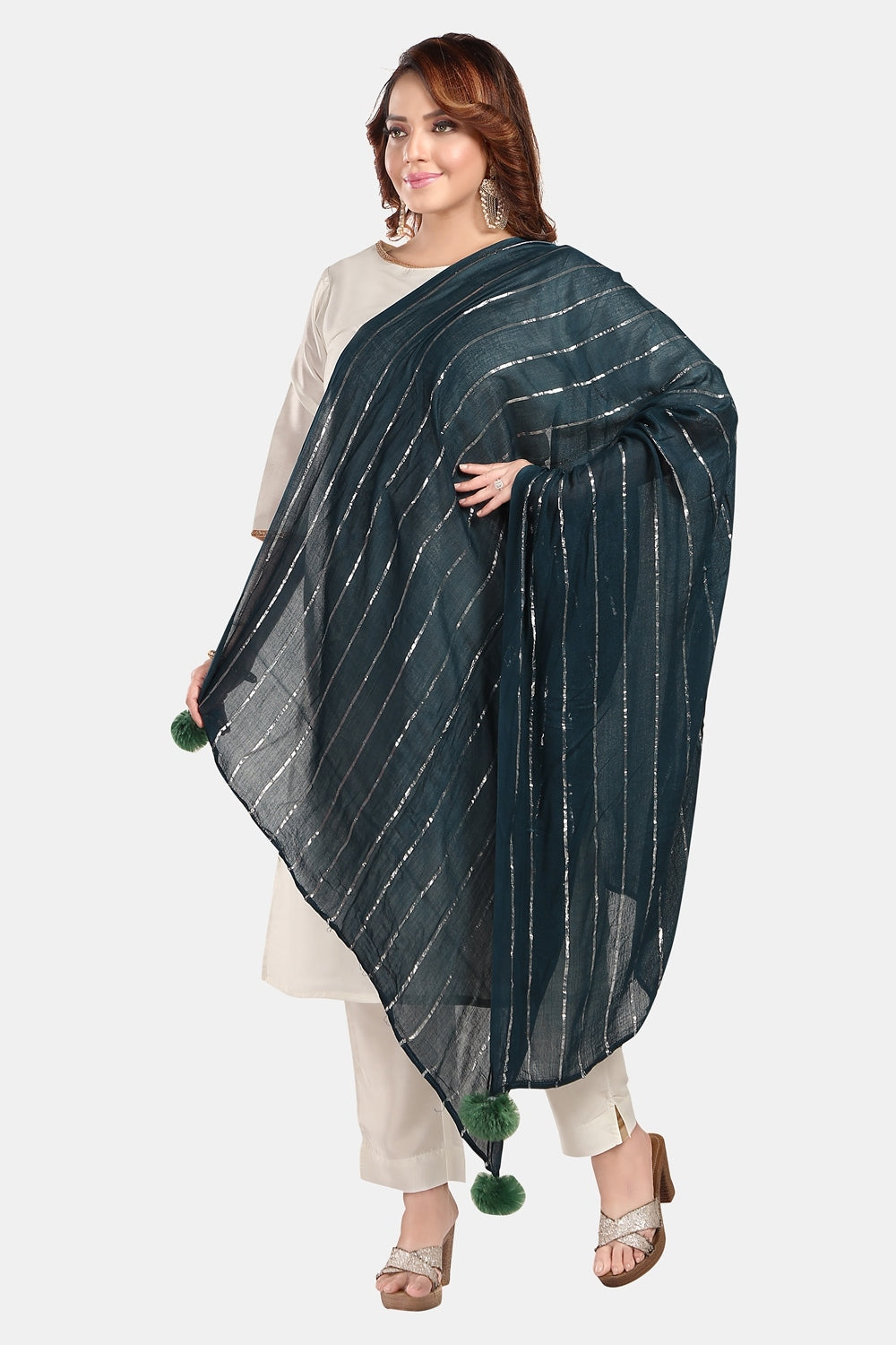 Fabme Women's Full Size, Soft Rayon, Striped, Large Balls Embellish, Dupatta