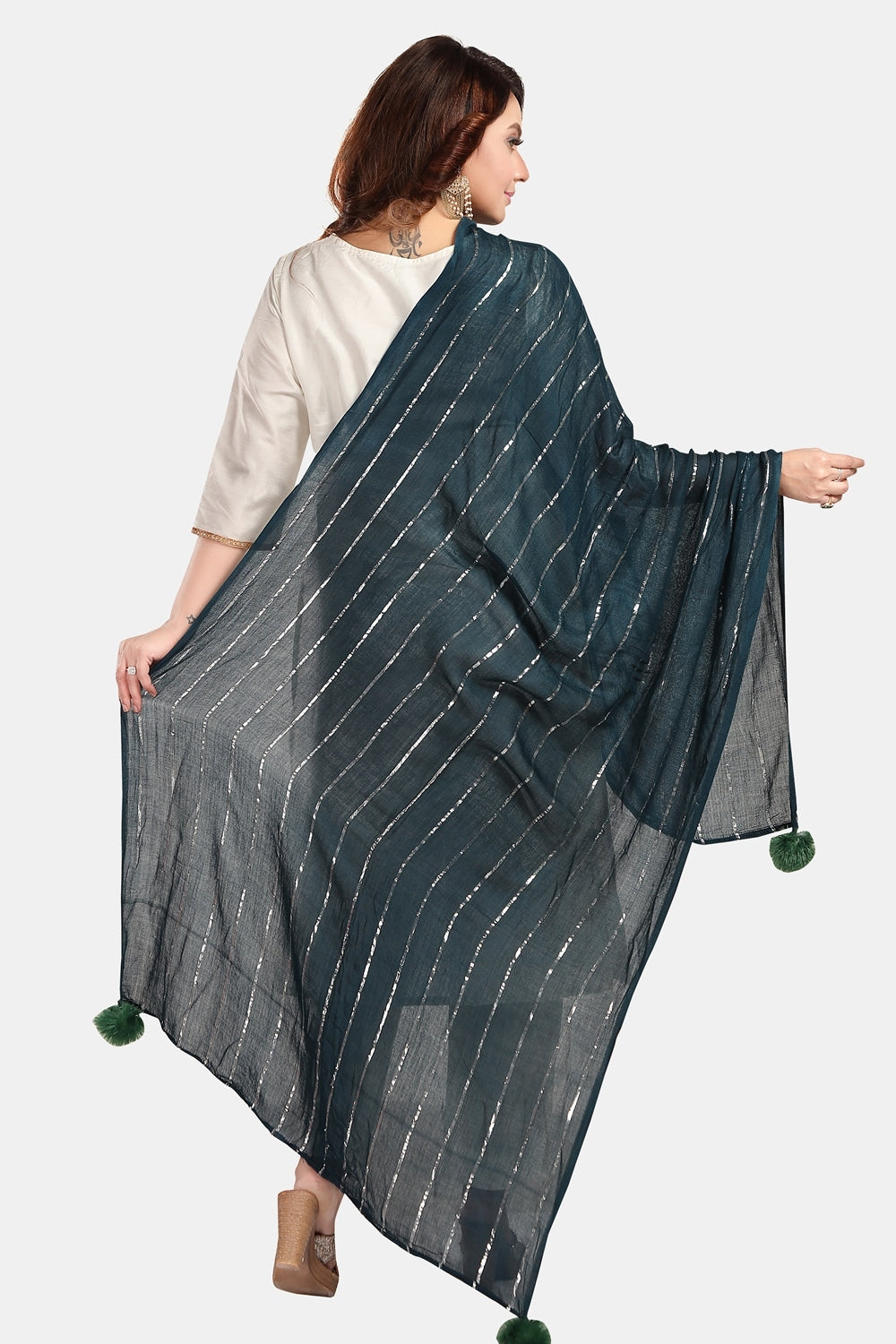 Fabme Women's Full Size, Soft Rayon, Striped, Large Balls Embellish, Dupatta