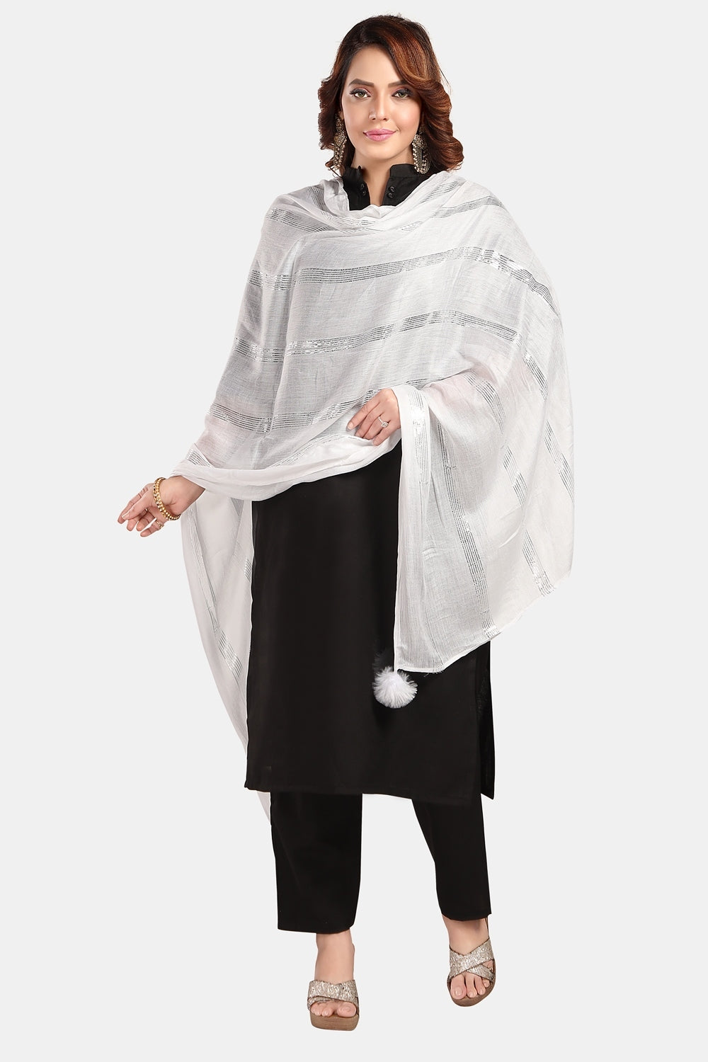 Fabme Women's Full Size, Soft Rayon, Striped, Large Balls Embellish, Dupatta