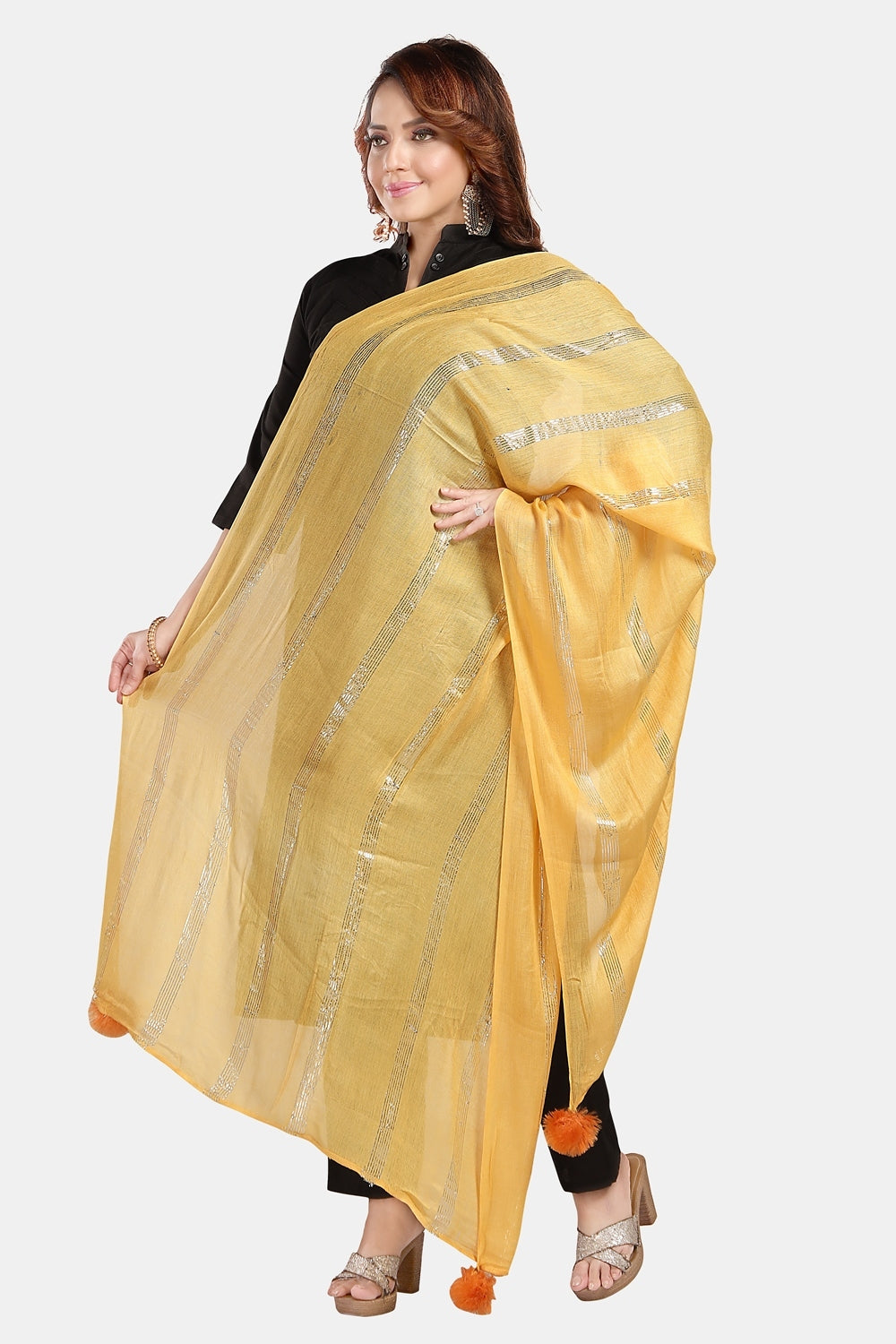Fabme Women's Full Size, Soft Rayon, Striped, Large Balls Embellish, Dupatta