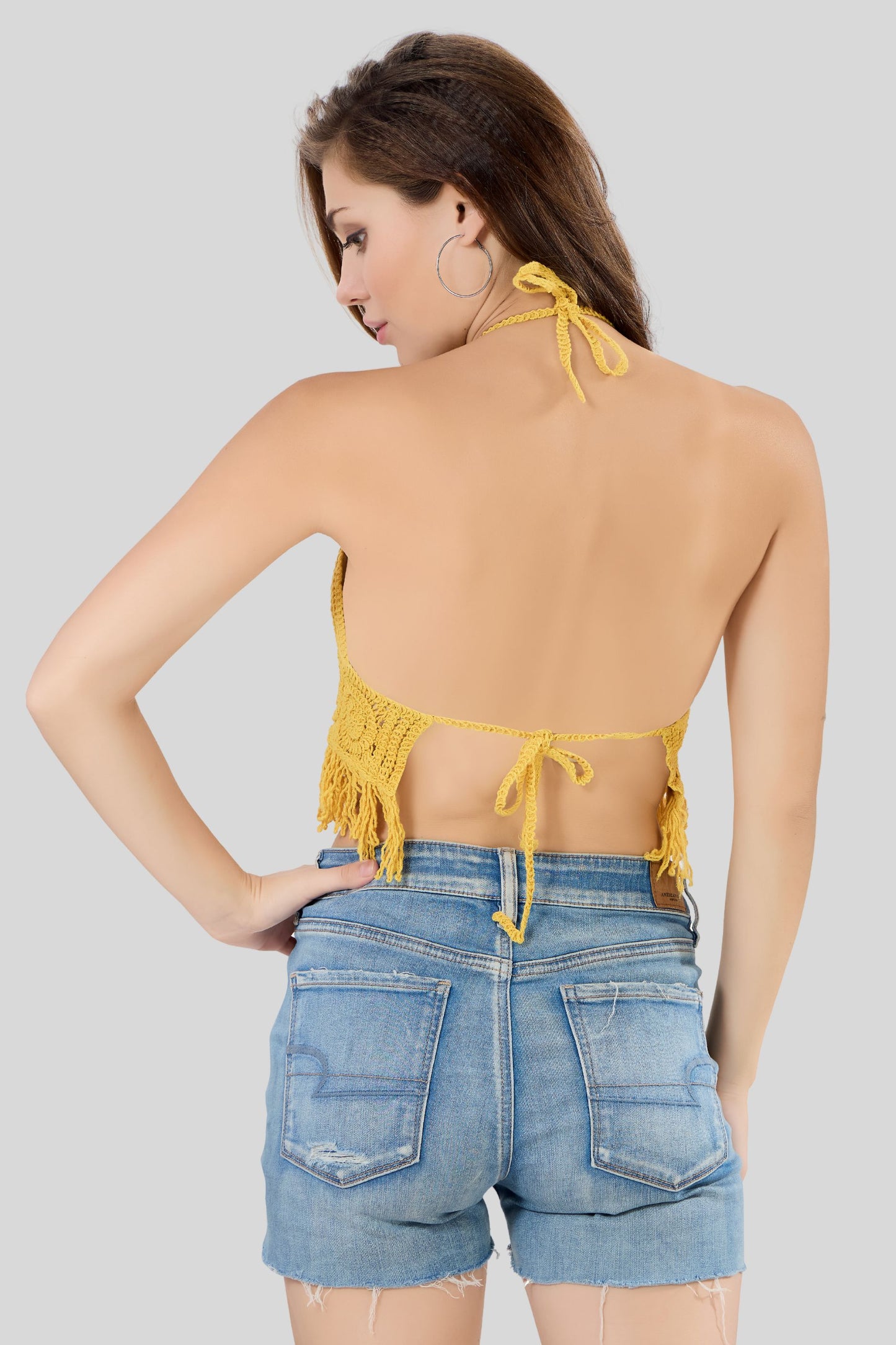 Fabme Crochet Halter Neck Padded Bikini attached Pad Lace Up Beachwear Bralette Crop Top/Bra - Yellow