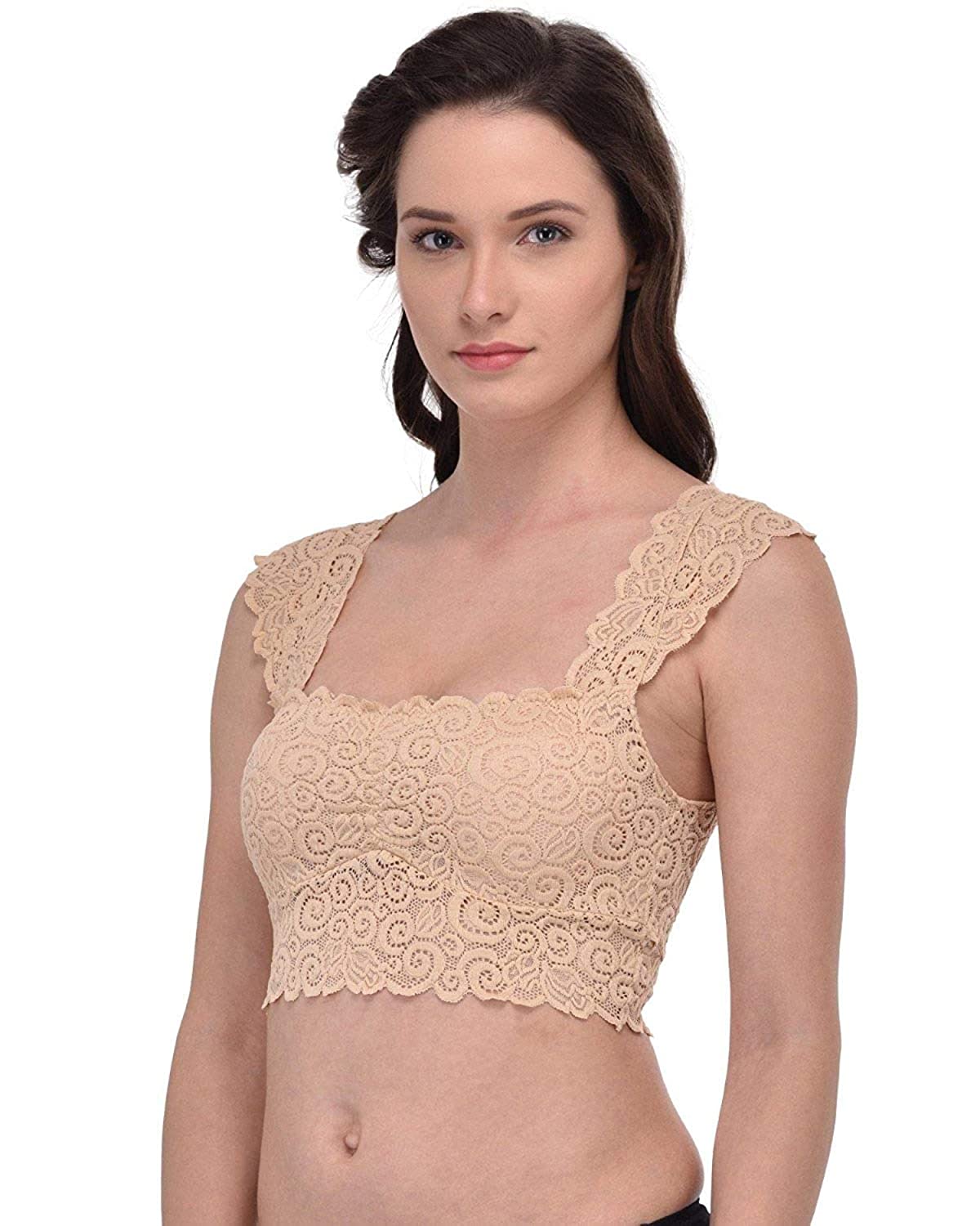 Fabme Women's Skin Crop top, Lace, Padded Non-Wired Bra