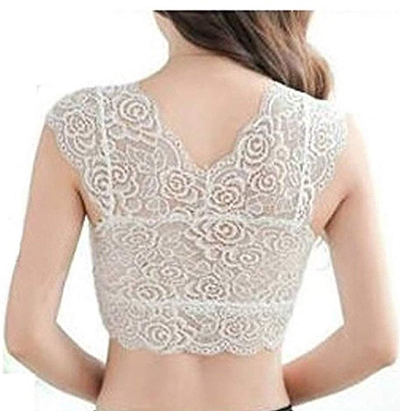 Fabme Women's White Crop top, Lace, Padded Non-Wired Bra