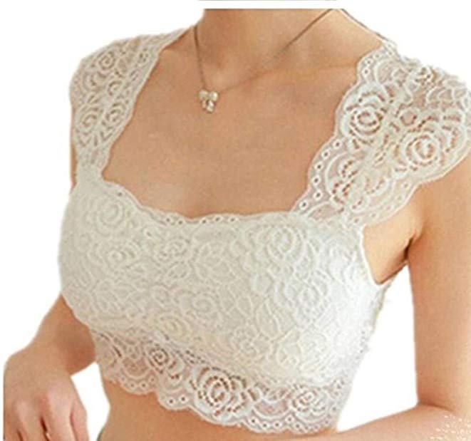 Fabme Women's White Crop top, Lace, Padded Non-Wired Bra