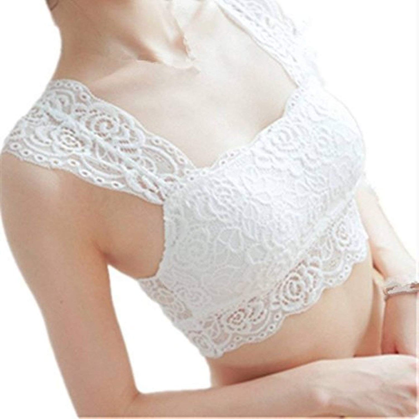 Fabme Women's White Crop top, Lace, Padded Non-Wired Bra