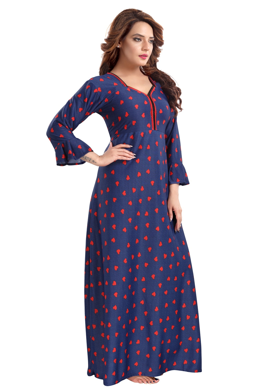 Fabme Women's Red Printed Sarina Satin / Polyester Full Length EveryDay Night Dress Nighty