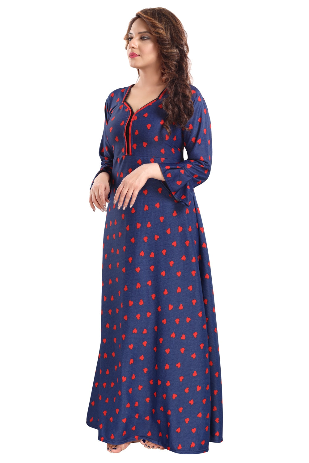 Fabme Women's Red Printed Sarina Satin / Polyester Full Length EveryDay Night Dress Nighty