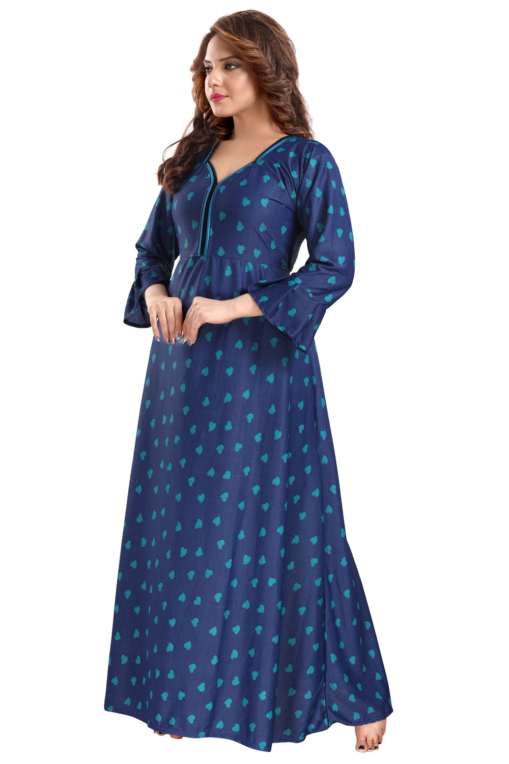 Fabme Women's Sea Green Printed Sarina Satin / Polyester Full Length EveryDay Night Dress Nighty